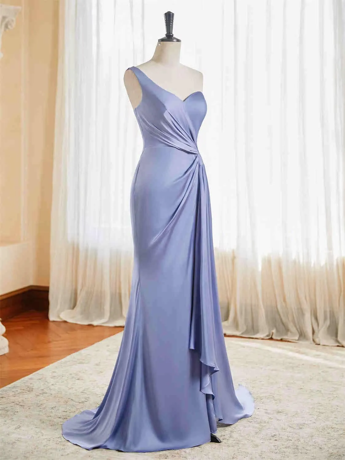MYDRESS Womens One Shoulder Bridesmaid Dresses for Wedding Satin Ruched Bodycon Long Formal Evening Gowns with Slit