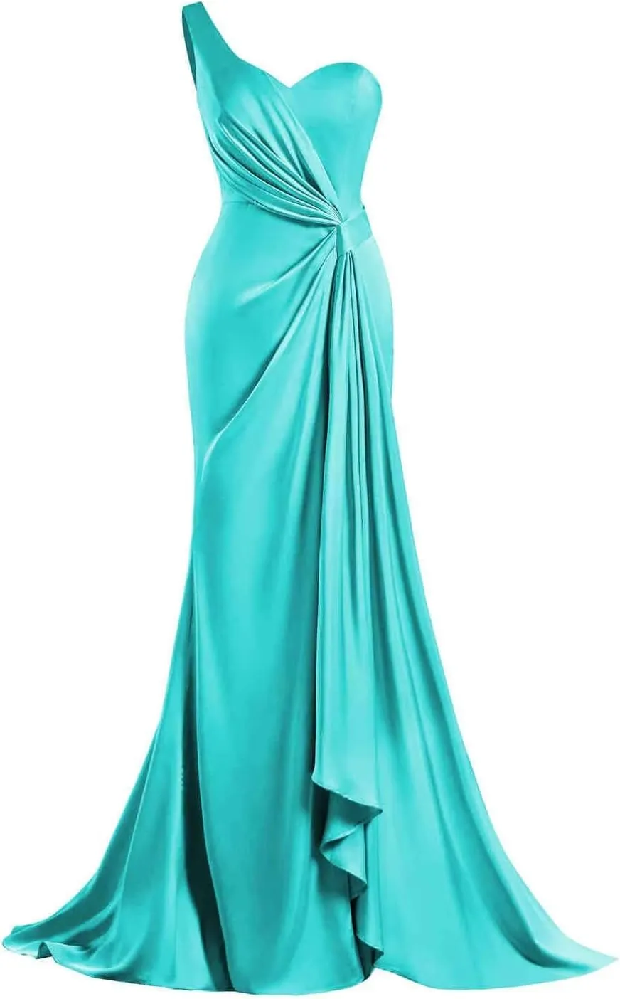 MYDRESS Womens One Shoulder Bridesmaid Dresses for Wedding Satin Ruched Bodycon Long Formal Evening Gowns with Slit
