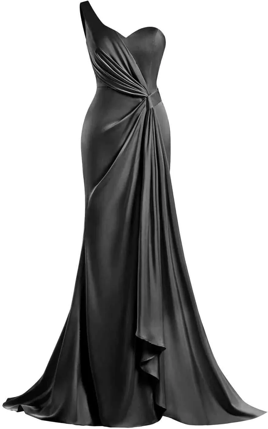 MYDRESS Womens One Shoulder Bridesmaid Dresses for Wedding Satin Ruched Bodycon Long Formal Evening Gowns with Slit