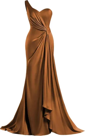 MYDRESS Womens One Shoulder Bridesmaid Dresses for Wedding Satin Ruched Bodycon Long Formal Evening Gowns with Slit