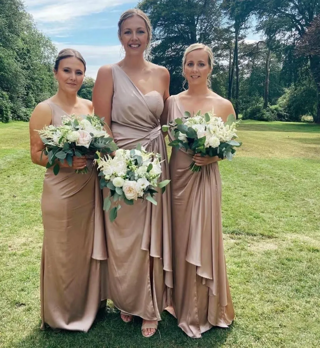 MYDRESS Womens One Shoulder Bridesmaid Dresses for Wedding Satin Ruched Bodycon Long Formal Evening Gowns with Slit