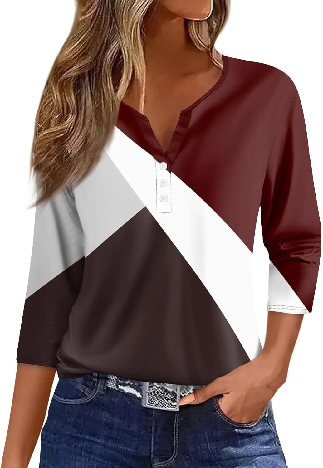 Plus Size Tops for Women 3/4 Sleeve Button Down Tunic Cute Flower Print T Shirts Fashion Fitted Tees