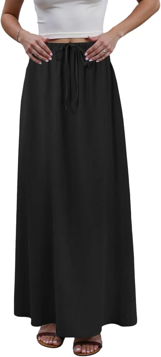 Rvidbe Summer Skirts for Women 2025 Vacation Comfortable Drawstring Waist Vacation Boho Flowy Skirts Solid Color Beach Skirts