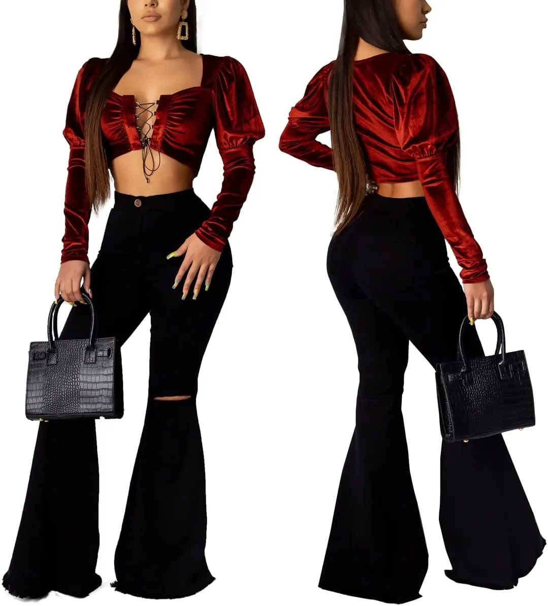 Skinny Ripped Bell Bottom Jeans for Women Classic High Waisted Flared Jean Pants