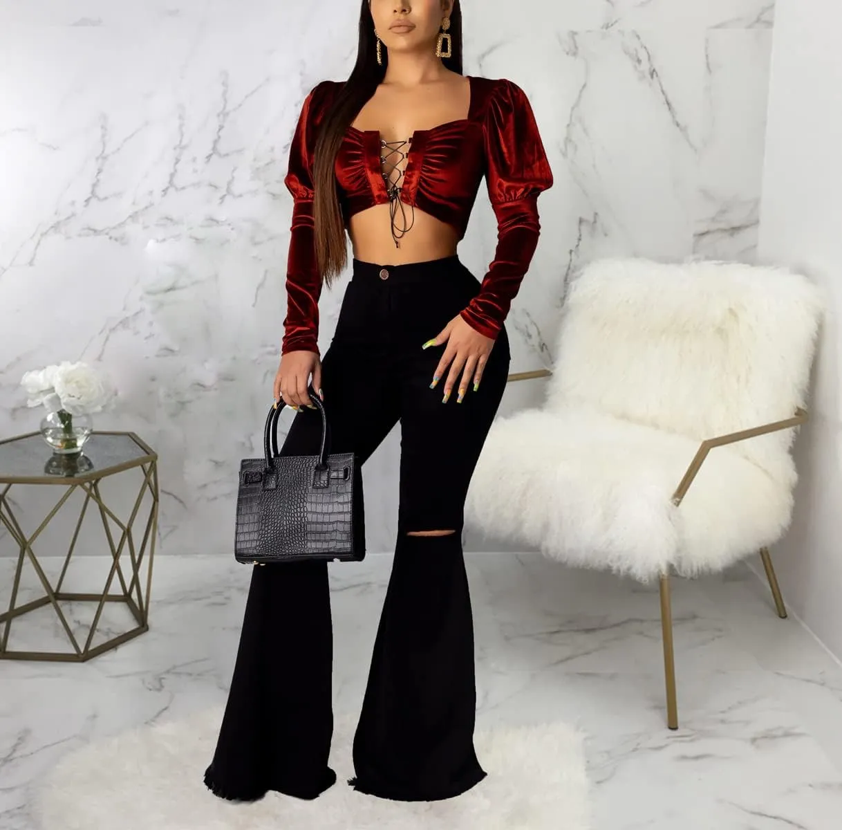 Skinny Ripped Bell Bottom Jeans for Women Classic High Waisted Flared Jean Pants