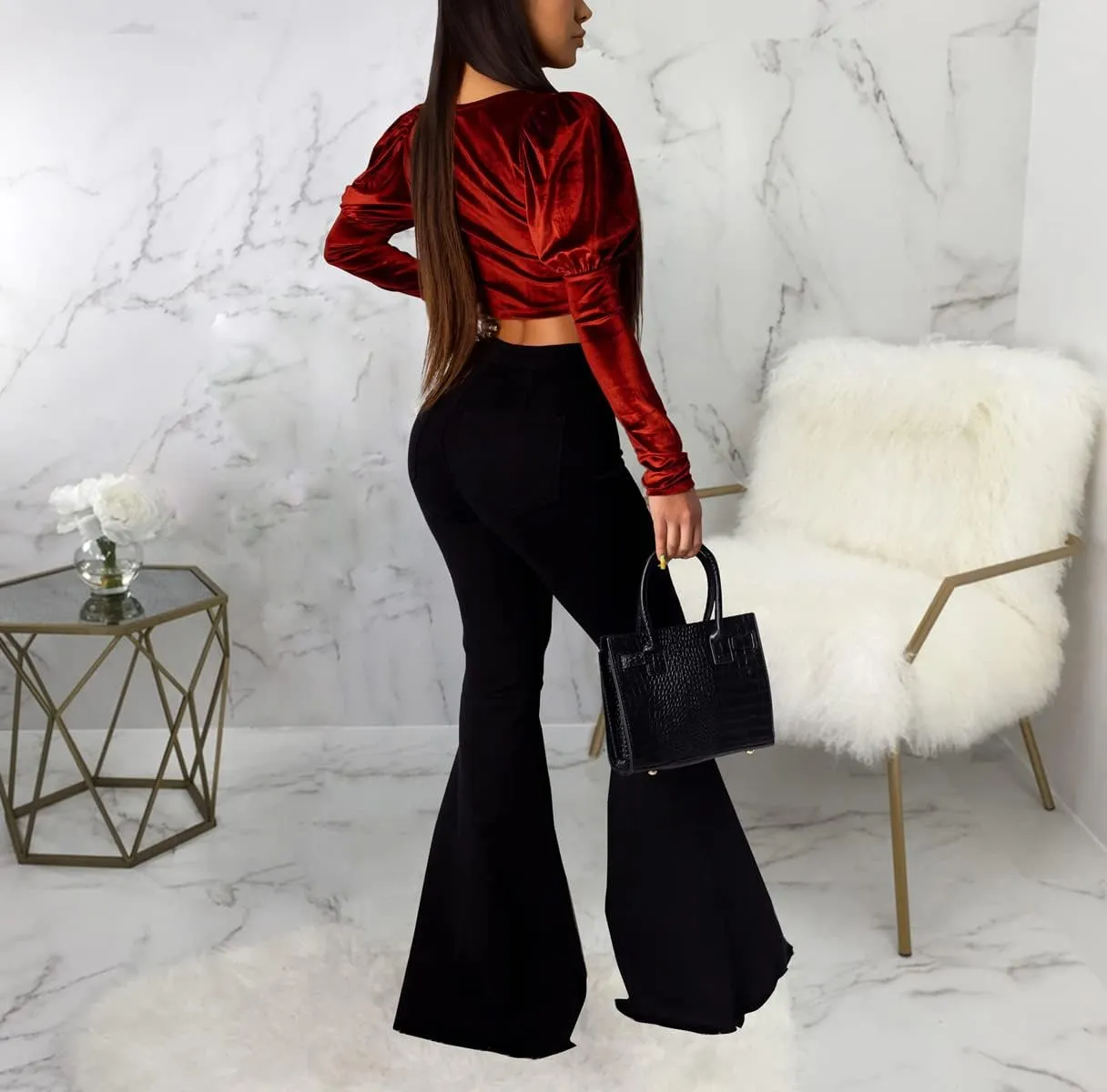 Skinny Ripped Bell Bottom Jeans for Women Classic High Waisted Flared Jean Pants
