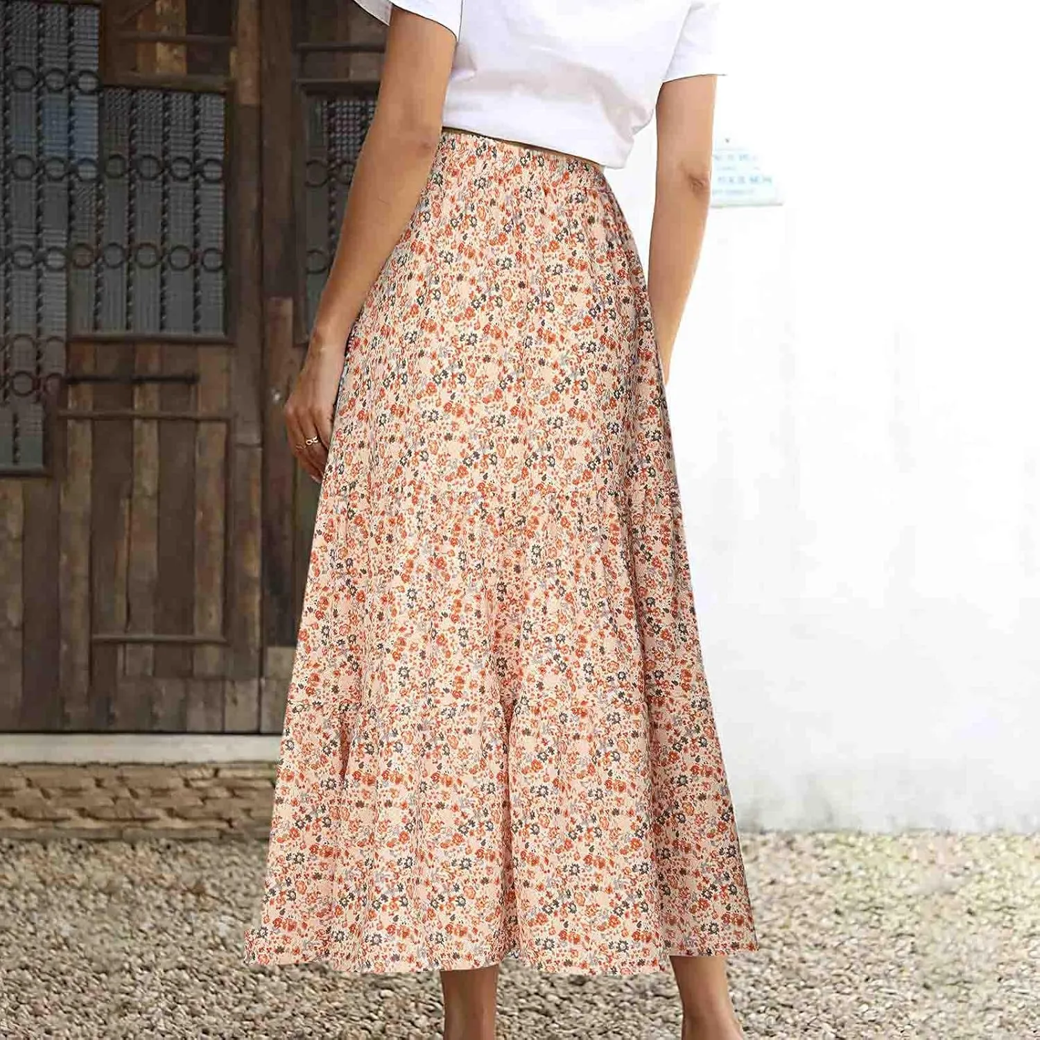 Skirts for Women 2024 Elegant Swiss Dot Stretch High Waist Boho Skirts Summer Causal Floral Print A-Line Maxi Skirts