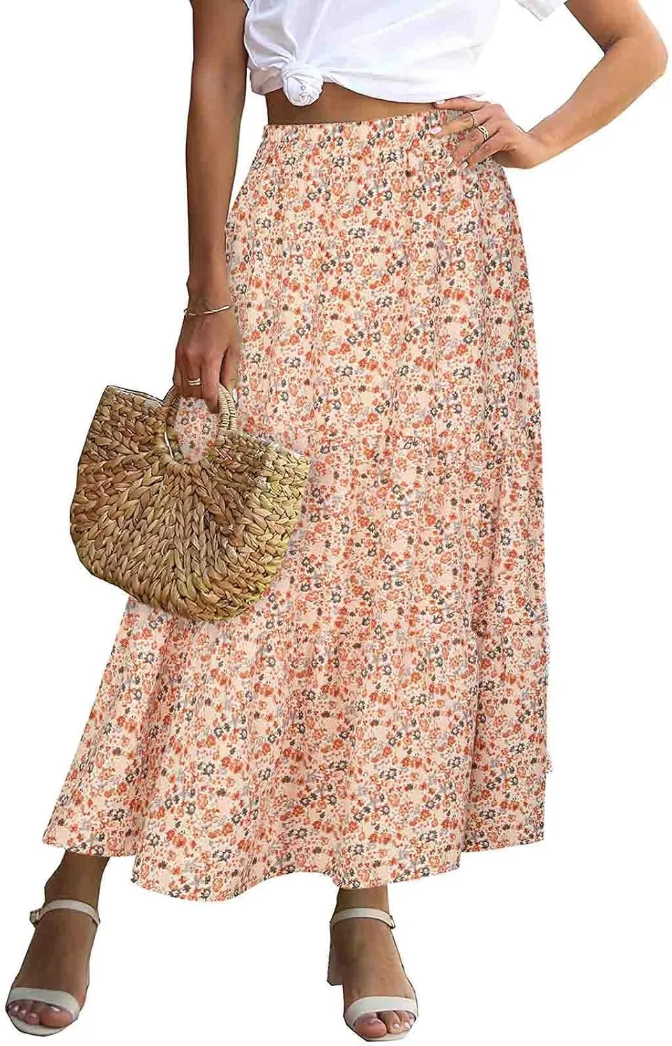 Skirts for Women 2024 Elegant Swiss Dot Stretch High Waist Boho Skirts Summer Causal Floral Print A-Line Maxi Skirts