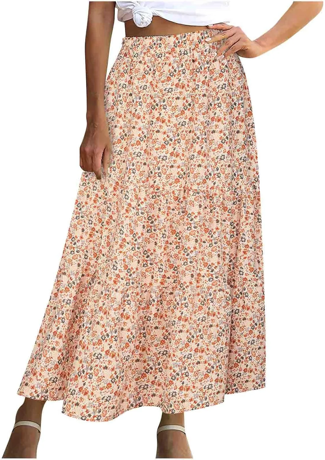 Skirts for Women 2024 Elegant Swiss Dot Stretch High Waist Boho Skirts Summer Causal Floral Print A-Line Maxi Skirts