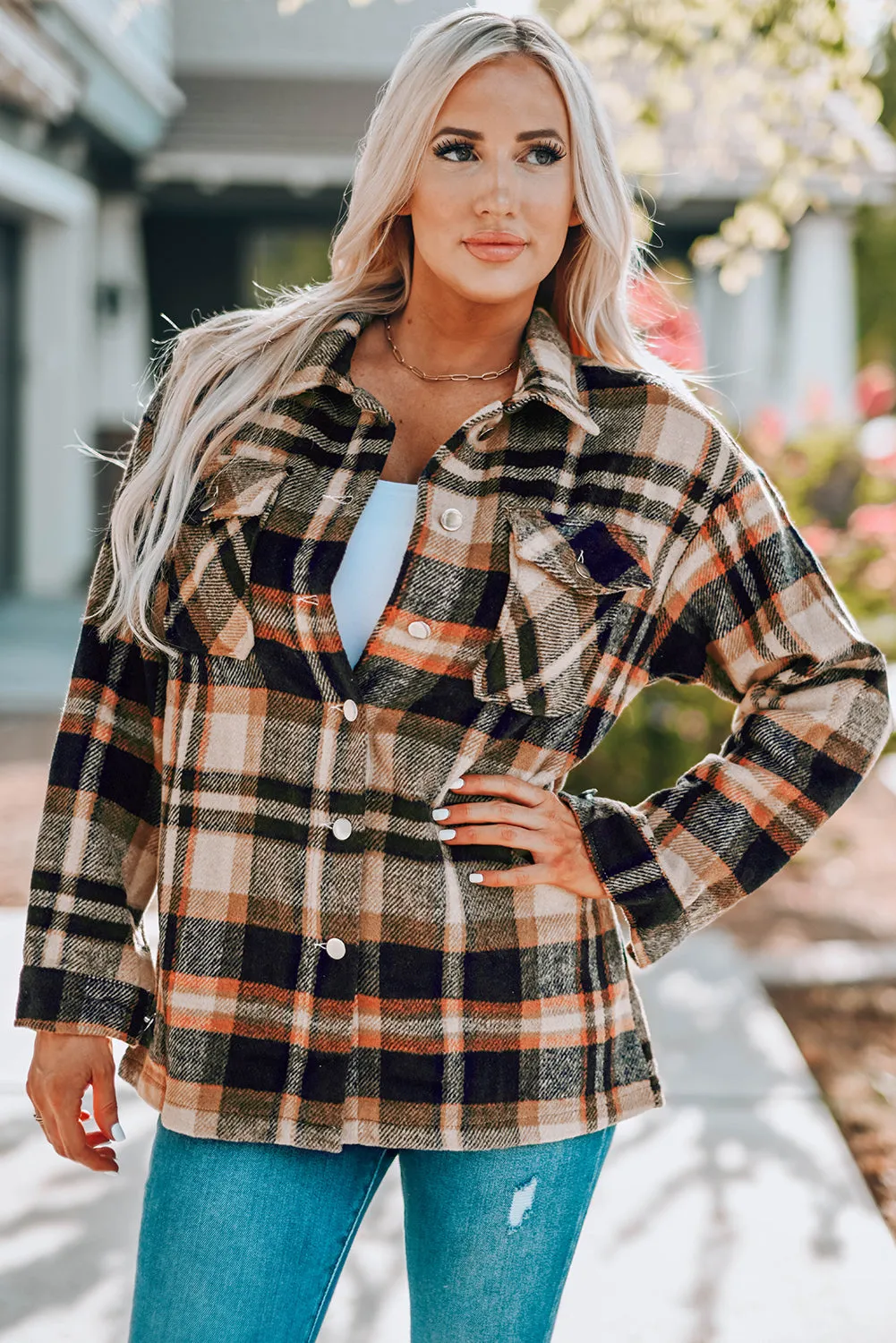 Sonnie Plaid Button Front Shirt Jacket with Breast Pockets