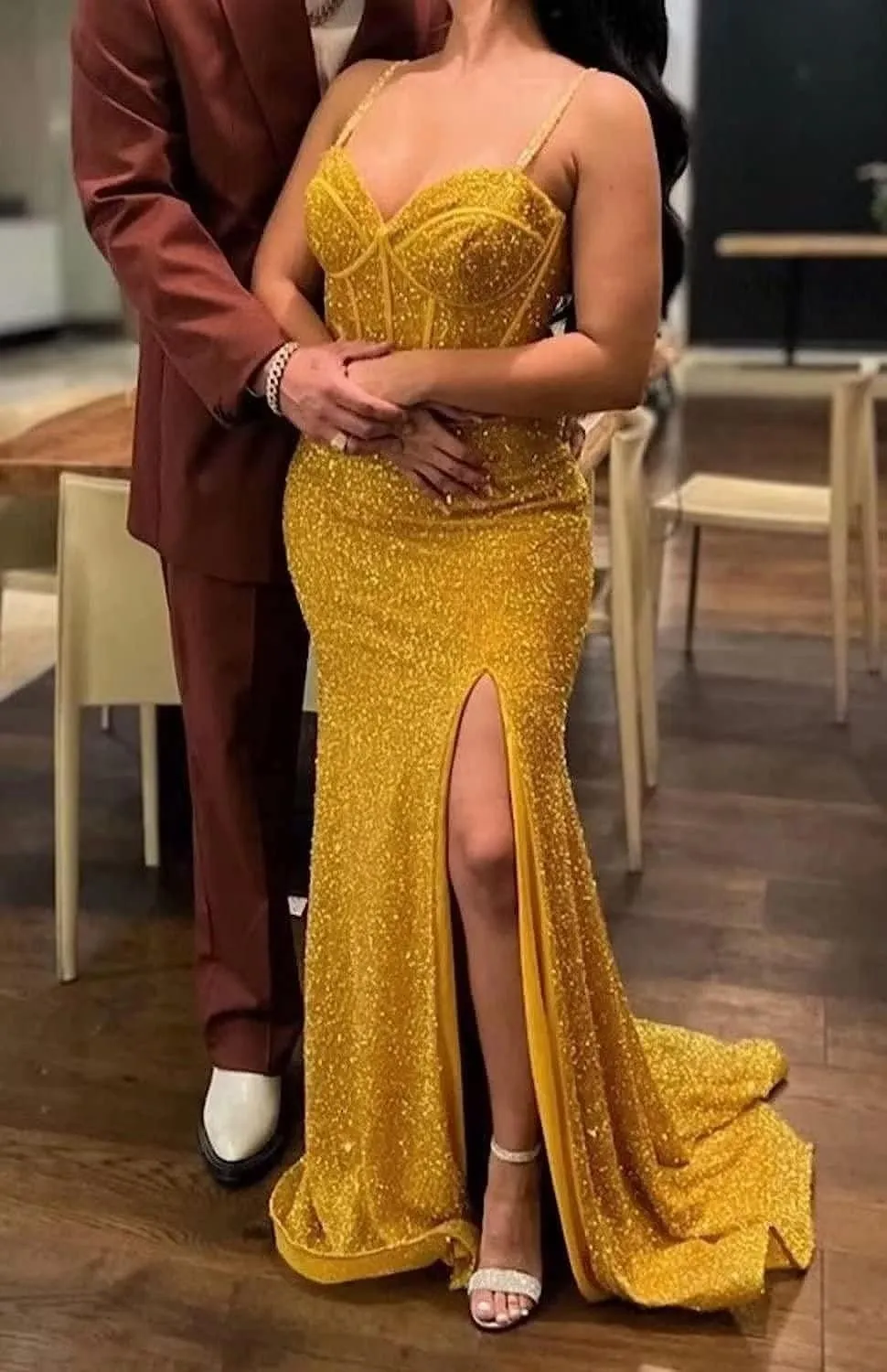 Sparkly Corset Prom Dresses for Women 2023 Sequin Spaghetti Straps Mermaid Bodycon Formal Evening Party Dress