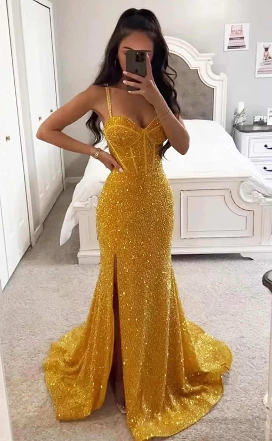Sparkly Corset Prom Dresses for Women 2023 Sequin Spaghetti Straps Mermaid Bodycon Formal Evening Party Dress