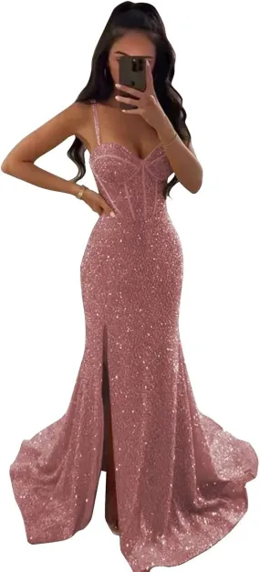 Sparkly Corset Prom Dresses for Women 2023 Sequin Spaghetti Straps Mermaid Bodycon Formal Evening Party Dress