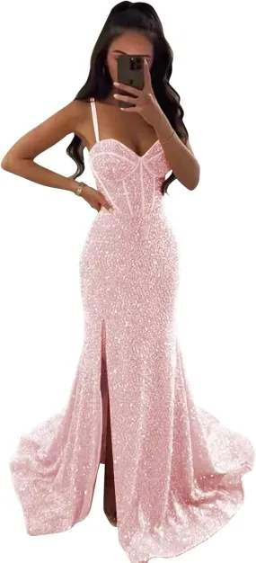 Sparkly Corset Prom Dresses for Women 2023 Sequin Spaghetti Straps Mermaid Bodycon Formal Evening Party Dress