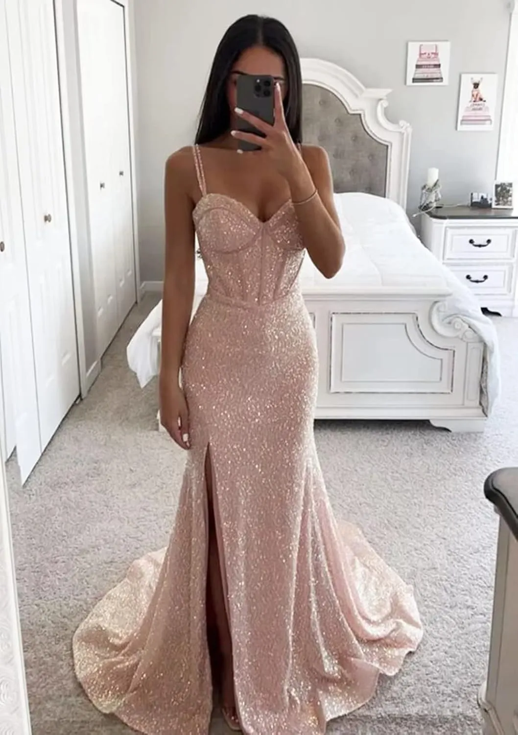 Sparkly Corset Prom Dresses for Women 2023 Sequin Spaghetti Straps Mermaid Bodycon Formal Evening Party Dress