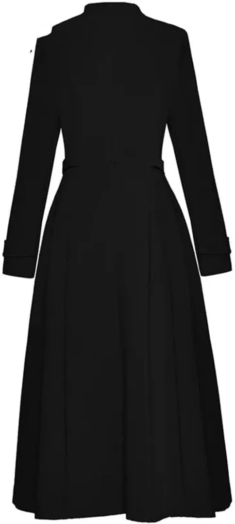 Women Black Vintage Trench Coat Stand Collar Double Breasted High Waist Slim Long Trench Coat
