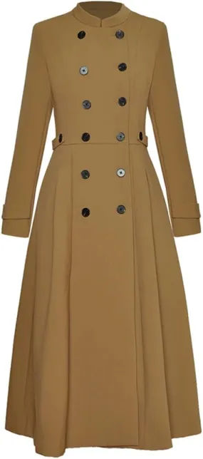 Women Black Vintage Trench Coat Stand Collar Double Breasted High Waist Slim Long Trench Coat