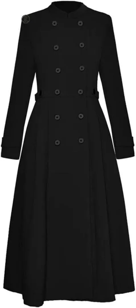 Women Black Vintage Trench Coat Stand Collar Double Breasted High Waist Slim Long Trench Coat