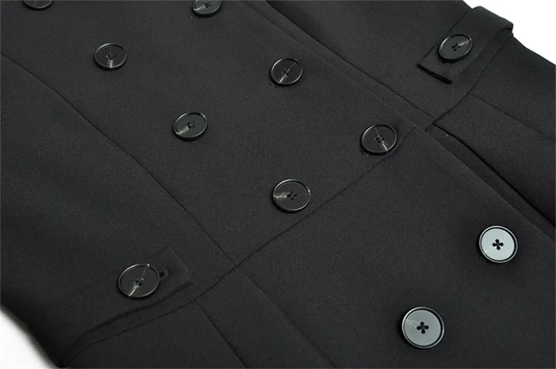 Women Black Vintage Trench Coat Stand Collar Double Breasted High Waist Slim Long Trench Coat