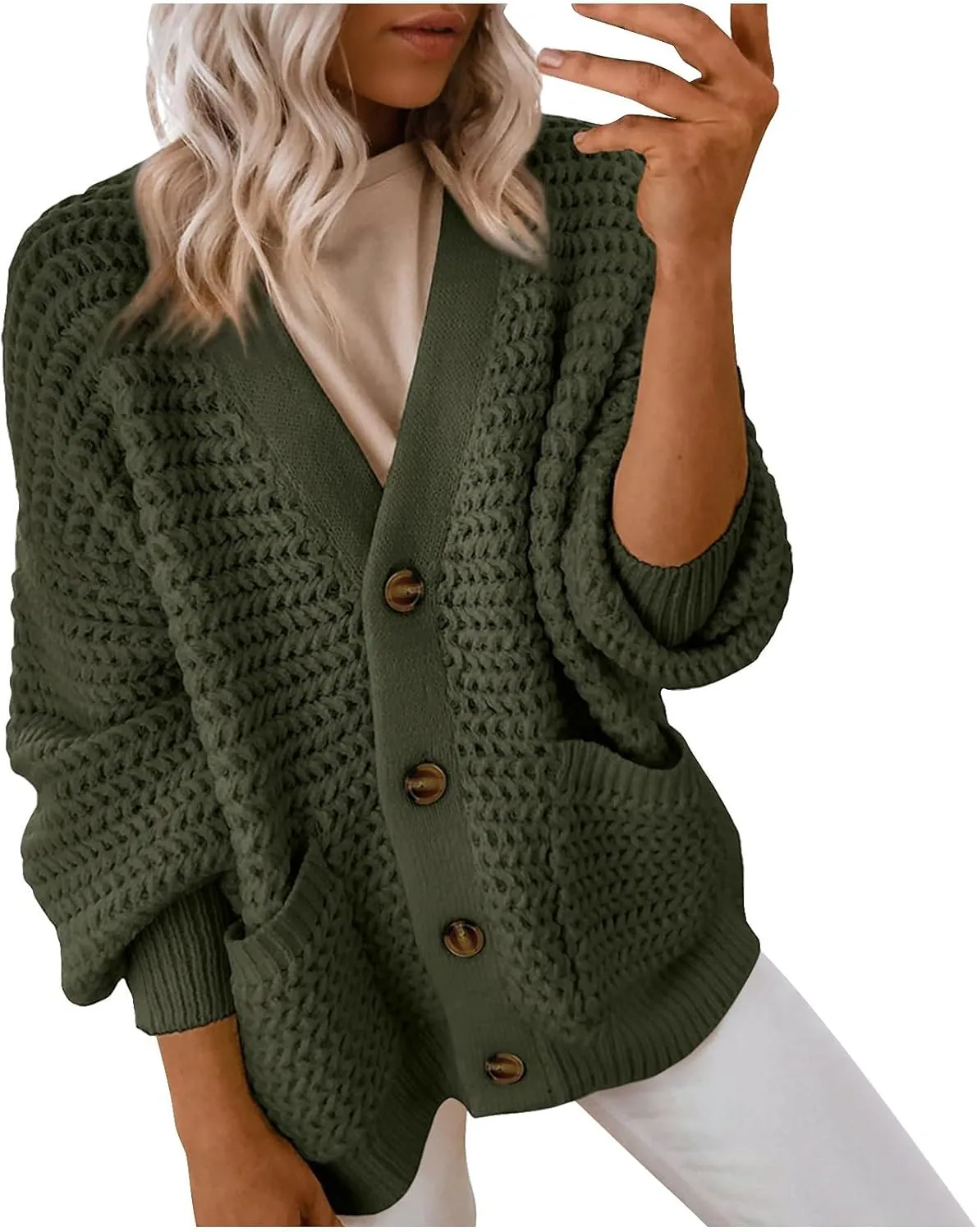 Women Button Down Cardigan Coat Long Sleeve Fall Winter Loose Chunky Knit Open Front Sweater Fashion Knit Outerwear