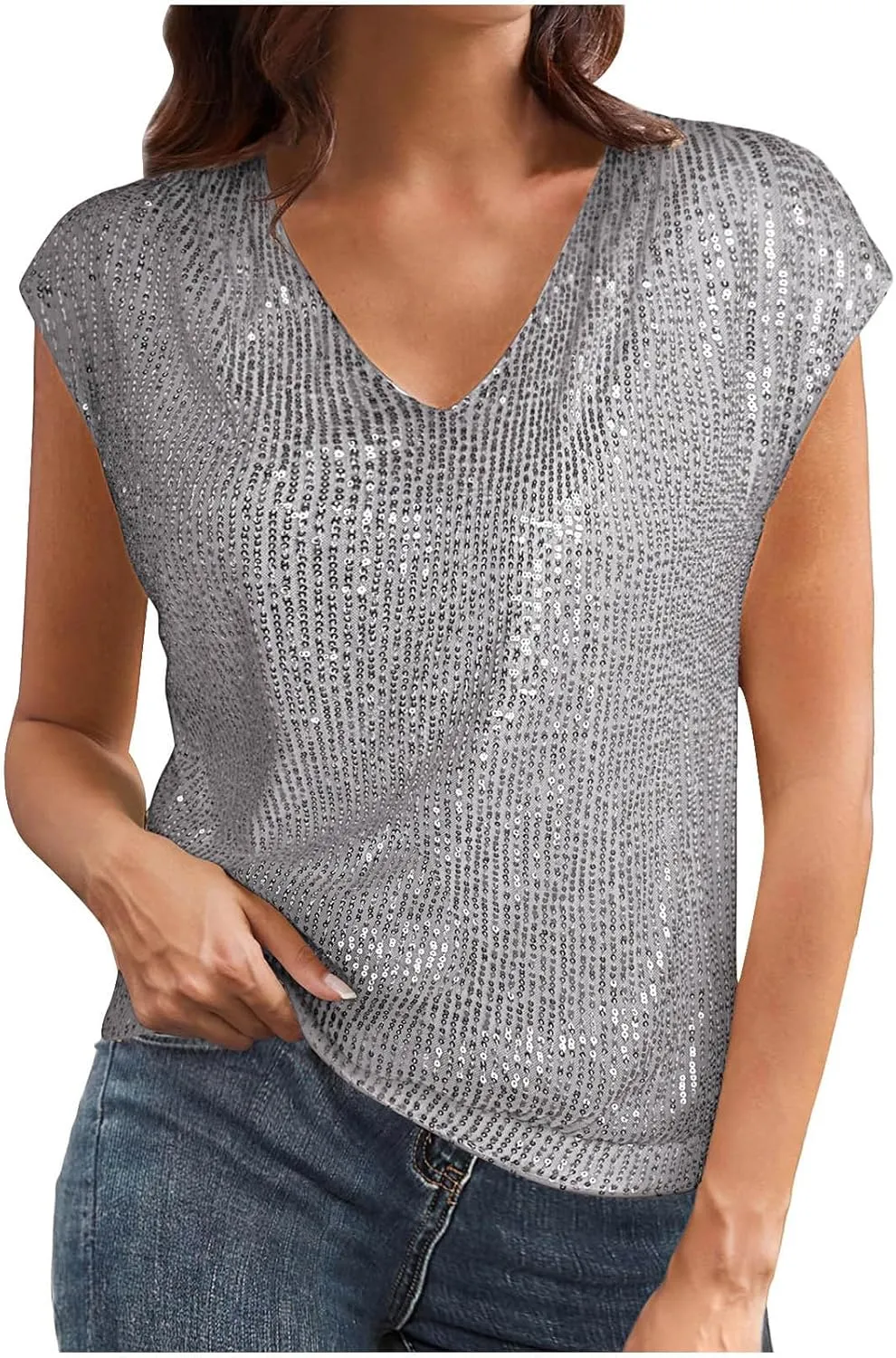 Women Dressy Sequin Cap Sleeve T-Shirt Summer Fitted V Neck Tee Tops Casual Glitter Party Club Solid Blouses