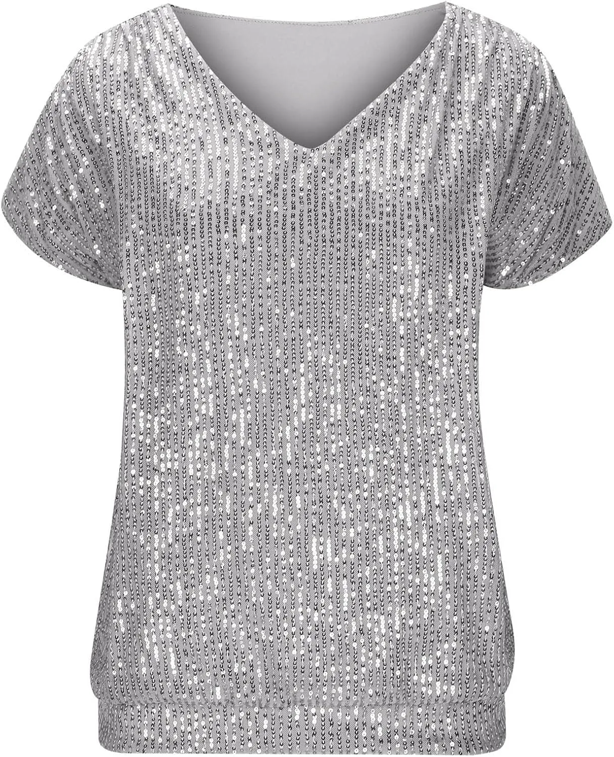 Women Dressy Sequin Cap Sleeve T-Shirt Summer Fitted V Neck Tee Tops Casual Glitter Party Club Solid Blouses