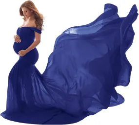 Women Maternity Dress for Photography Mermaid Off Shoulder Slim Fitted Chiffon Gown Flowy Baby Shower Maxi Photo Props Dress