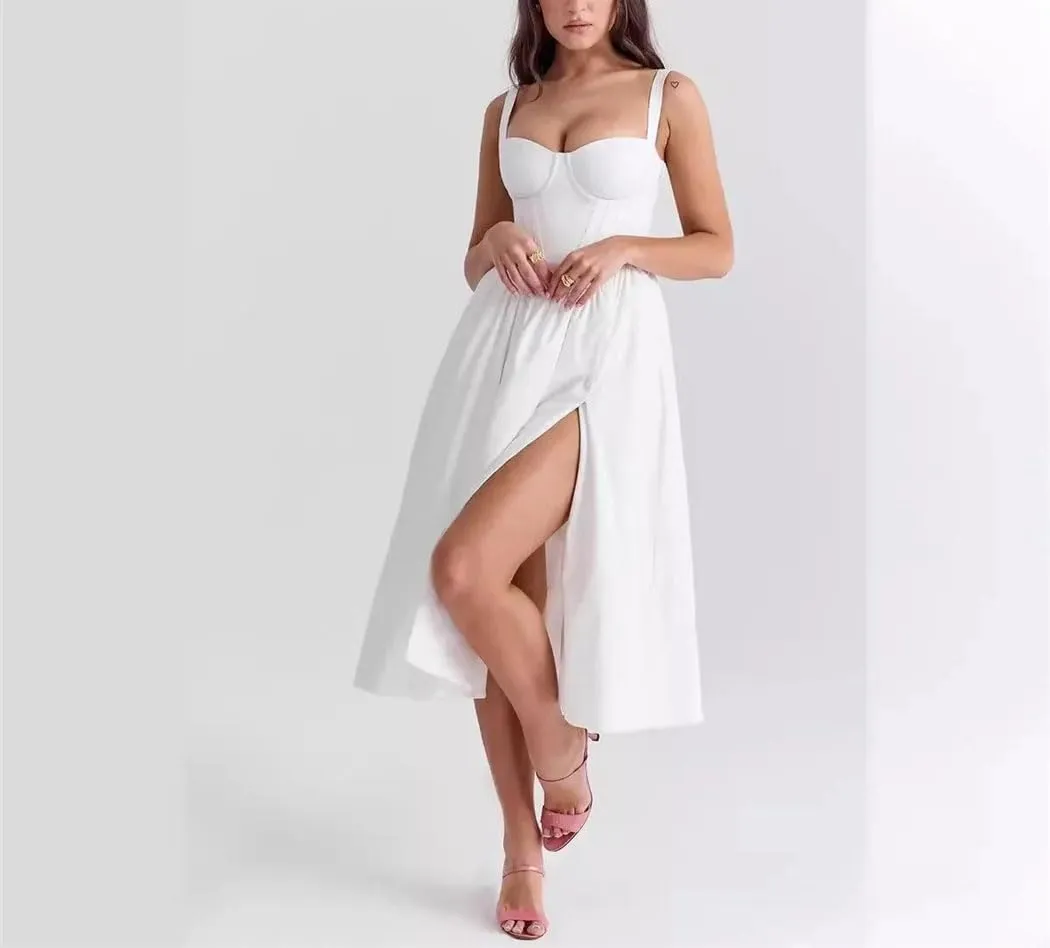 Women's 3D Steel Ring Cinched Halter Dress Architectural Pleated Summer Dress with Slit Detail