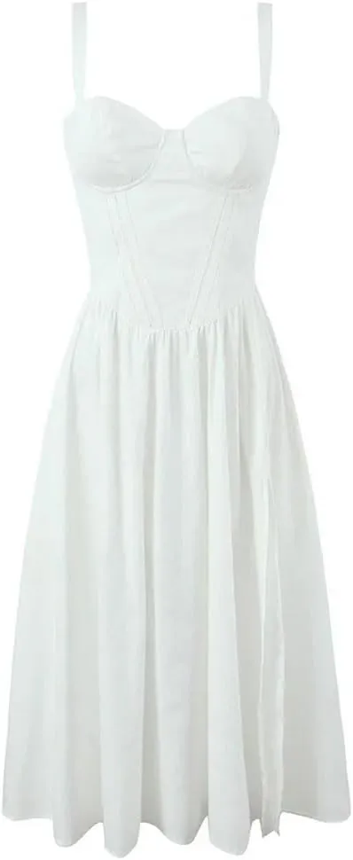 Women's 3D Steel Ring Cinched Halter Dress Architectural Pleated Summer Dress with Slit Detail