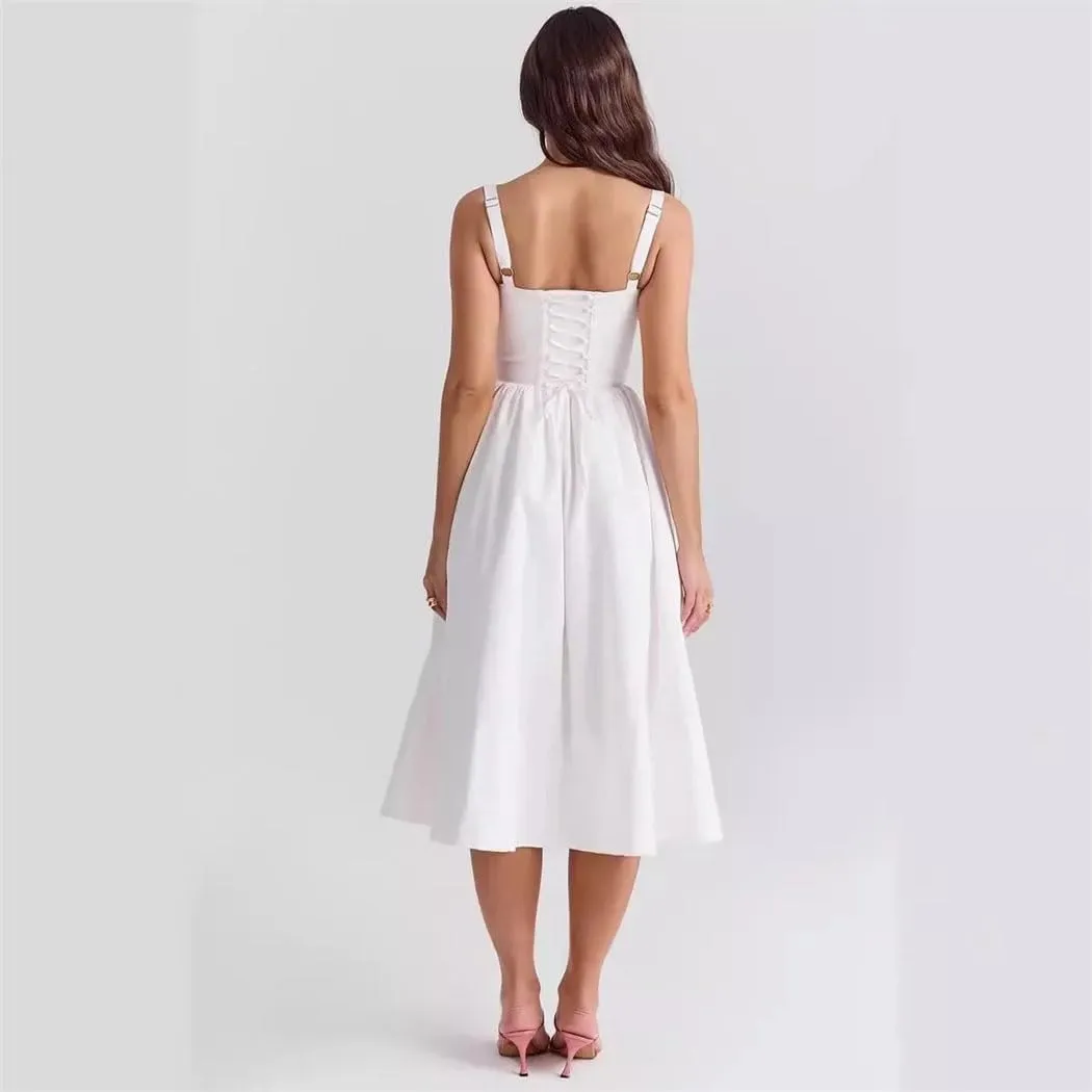 Women's 3D Steel Ring Cinched Halter Dress Architectural Pleated Summer Dress with Slit Detail