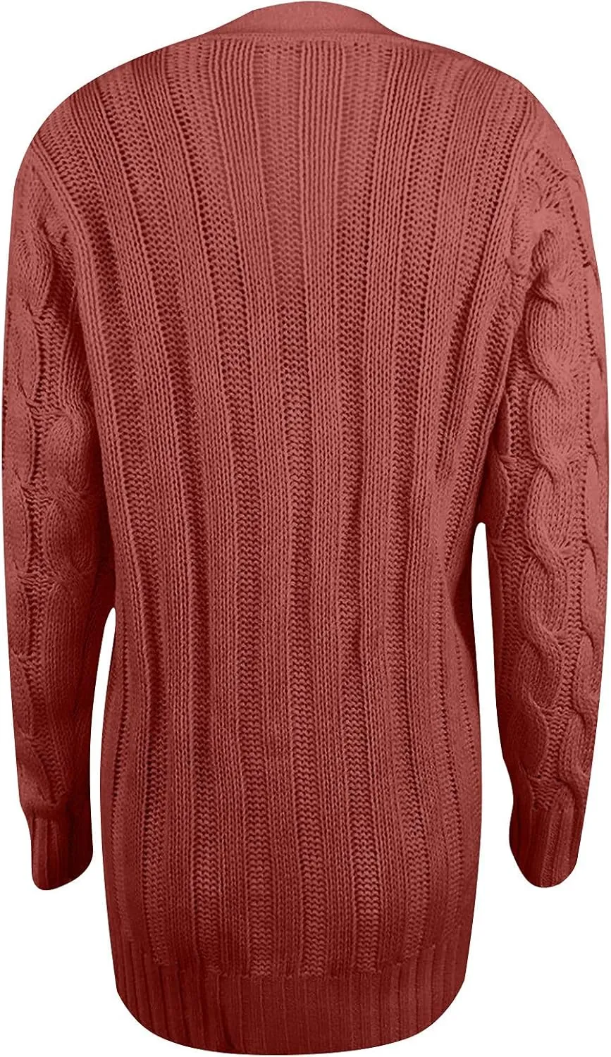 Womens Casual Long Sleeve Button Cardigan Open Front Cable Knit Sweater Outwear Loose Cardigans with Pockets