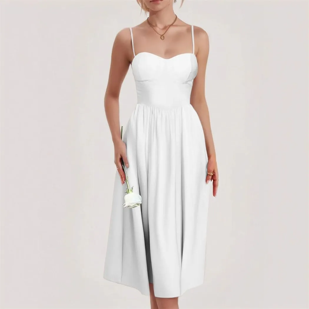 Women's Convertible Slim Waist A-Line Dress Adjustable Straps Mid-Length Skirt Summer Flattering Casual Party Wear