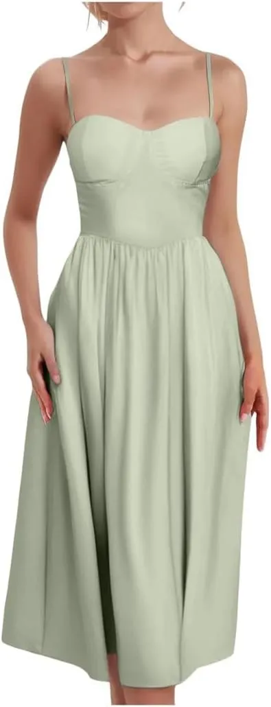 Women's Convertible Slim Waist A-Line Dress Adjustable Straps Mid-Length Skirt Summer Flattering Casual Party Wear