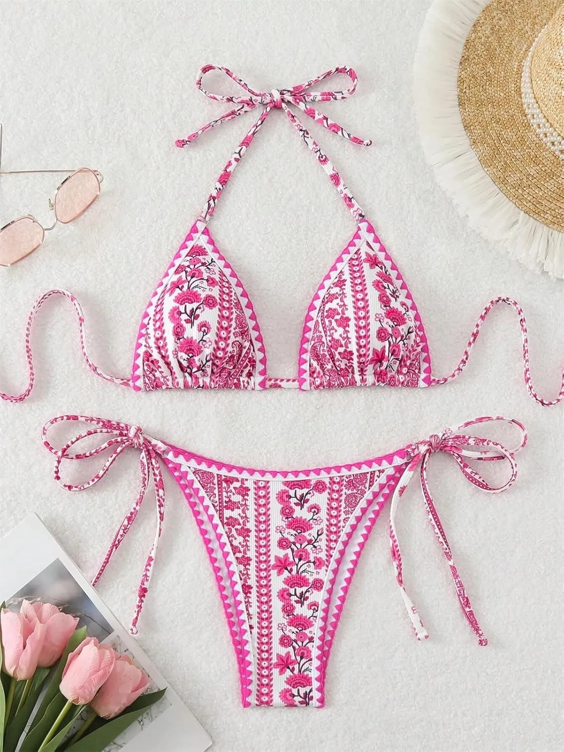 Women's Halter Bikini Sets Polka Dot Frilled Ruffles Triangle Tie Side Bikini Swimsuit Two Piece Bathing Suits