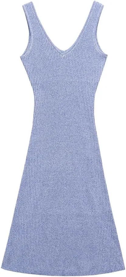 Women's Knitted V-Neck Suspender Midi Dress Spring Summer Elastic A-Line Skirt Casual Chic Long Skirt