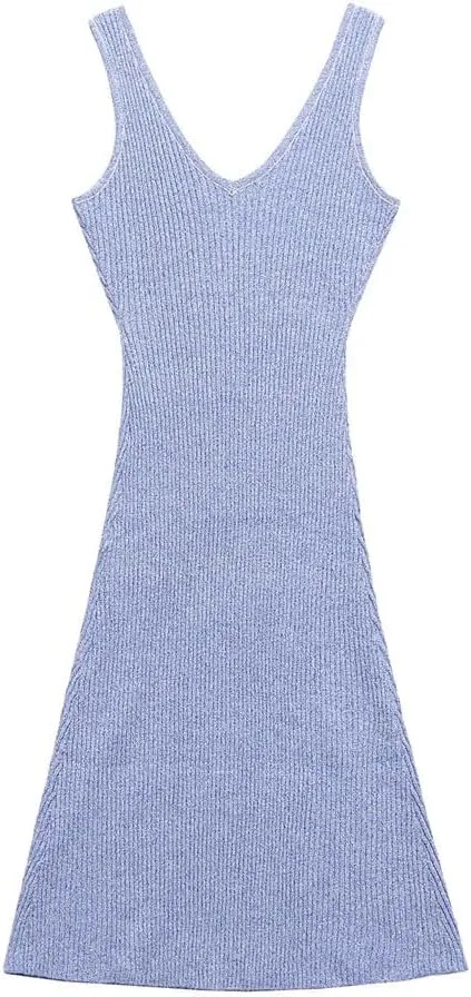 Women's Knitted V-Neck Suspender Midi Dress Spring Summer Elastic A-Line Skirt Casual Chic Long Skirt