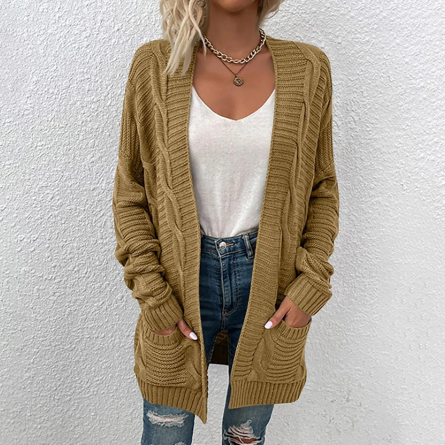 Women's Open Front Cardigan Long Sleeve Cable Knit Sweater Cable Knit Chunky Outwear Coats 2024 Fall Fashion