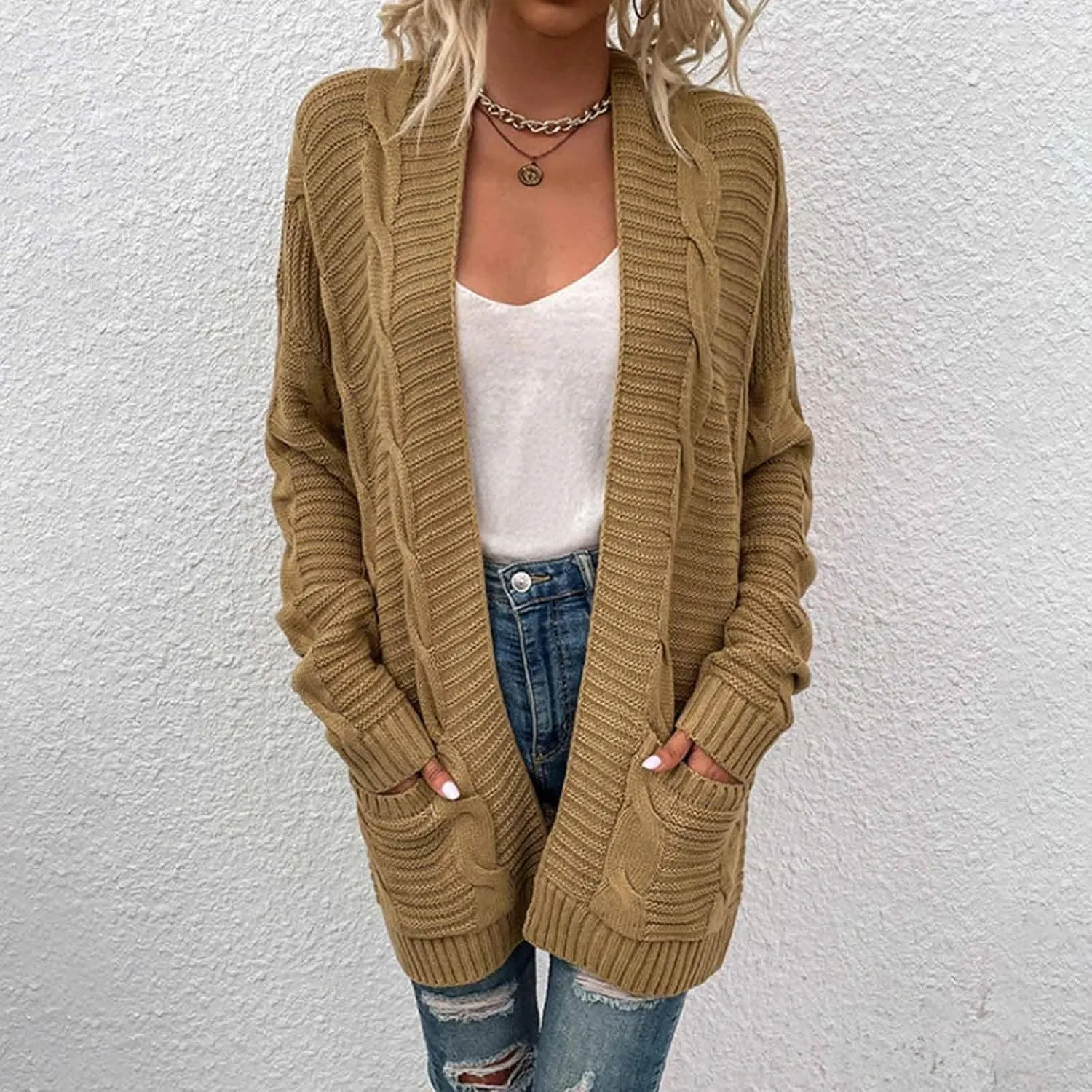 Women's Open Front Cardigan Long Sleeve Cable Knit Sweater Cable Knit Chunky Outwear Coats 2024 Fall Fashion