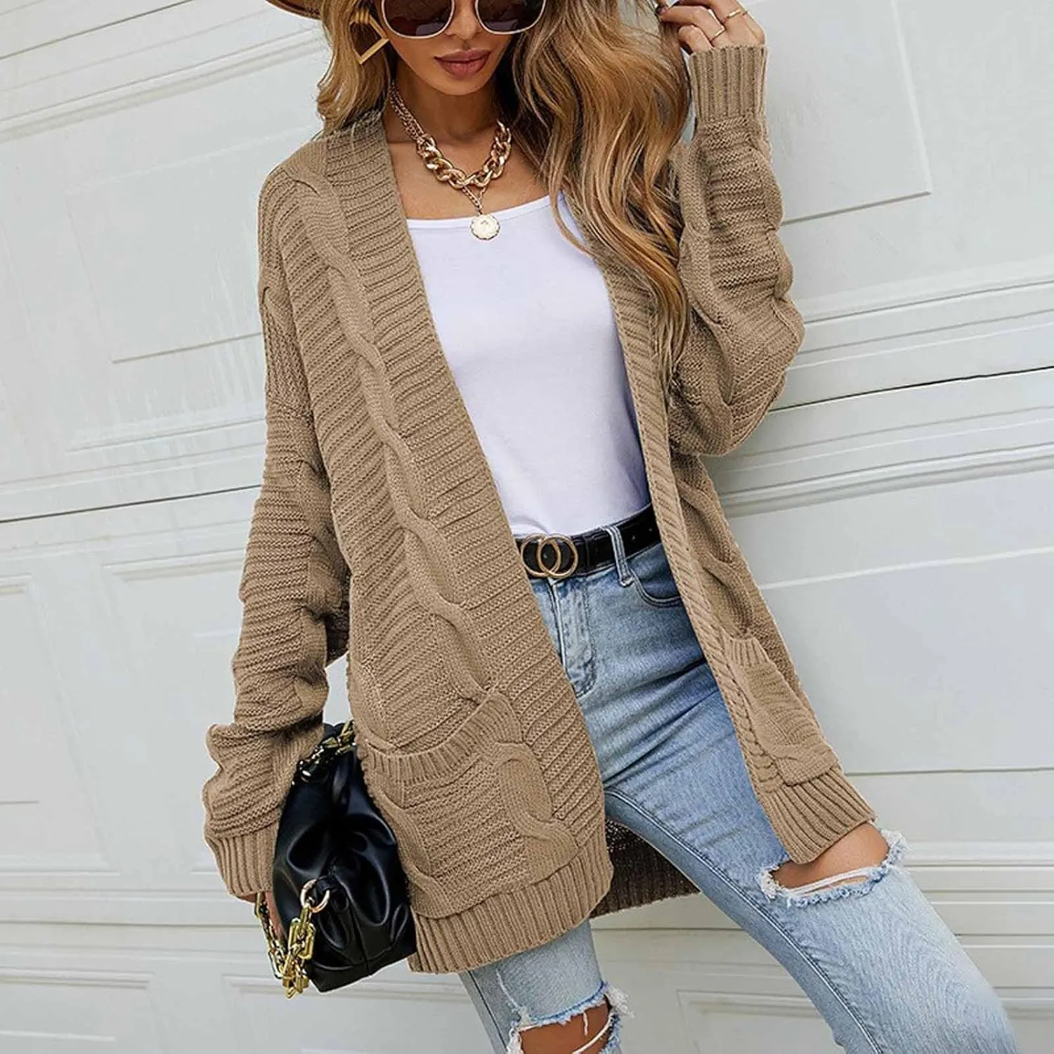 Women's Open Front Cardigan Long Sleeve Cable Knit Sweater Cable Knit Chunky Outwear Coats 2024 Fall Fashion