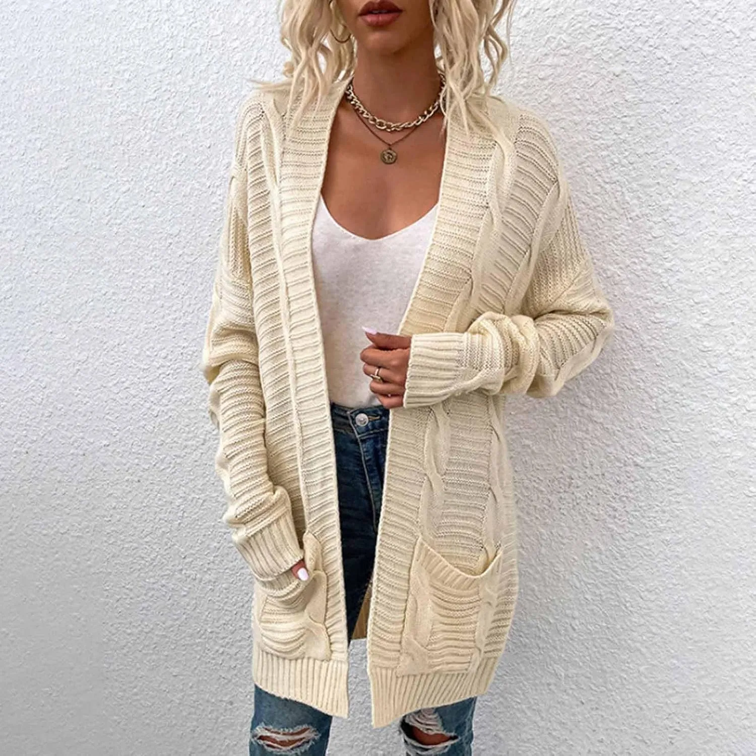 Women's Open Front Cardigan Long Sleeve Cable Knit Sweater Cable Knit Chunky Outwear Coats 2024 Fall Fashion