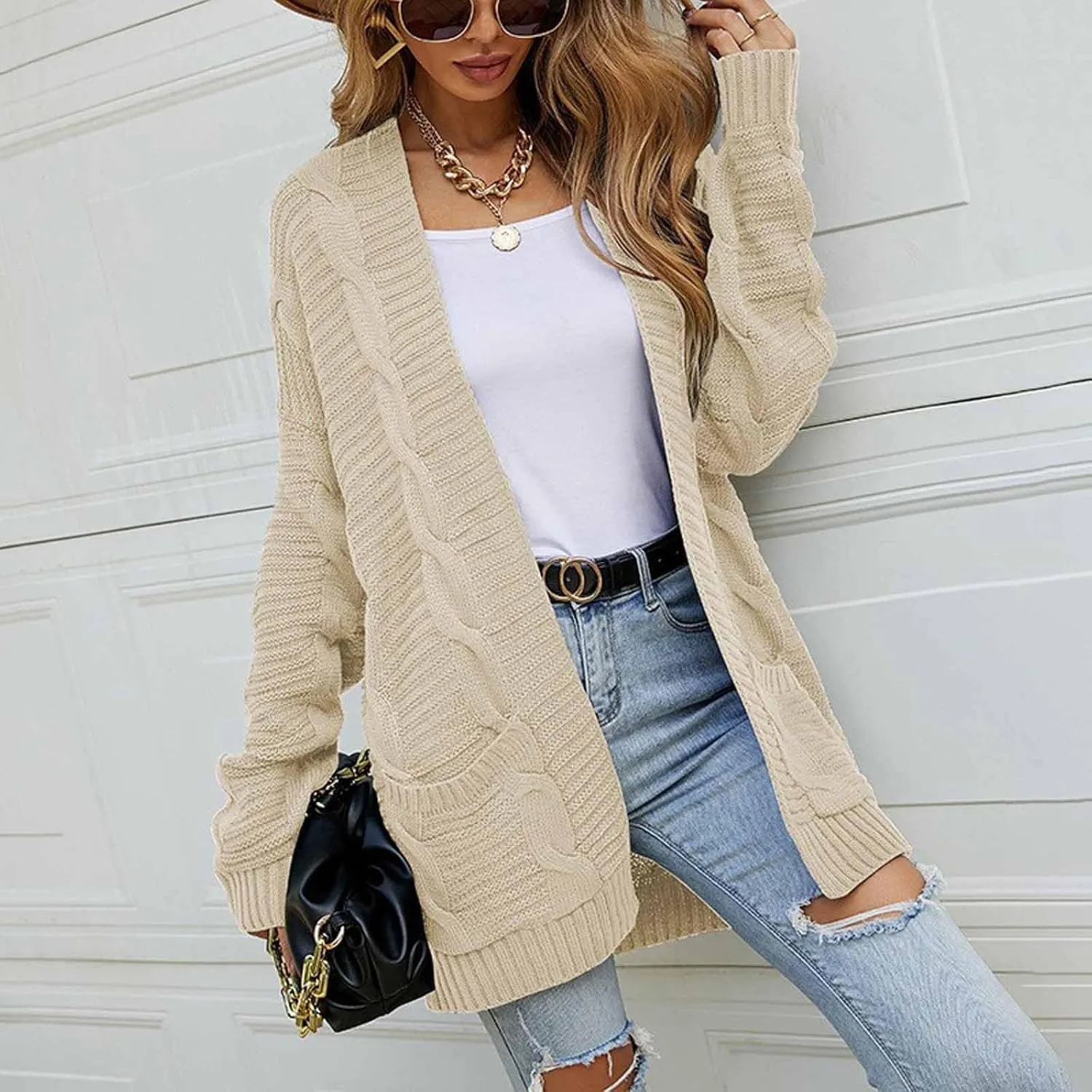 Women's Open Front Cardigan Long Sleeve Cable Knit Sweater Cable Knit Chunky Outwear Coats 2024 Fall Fashion