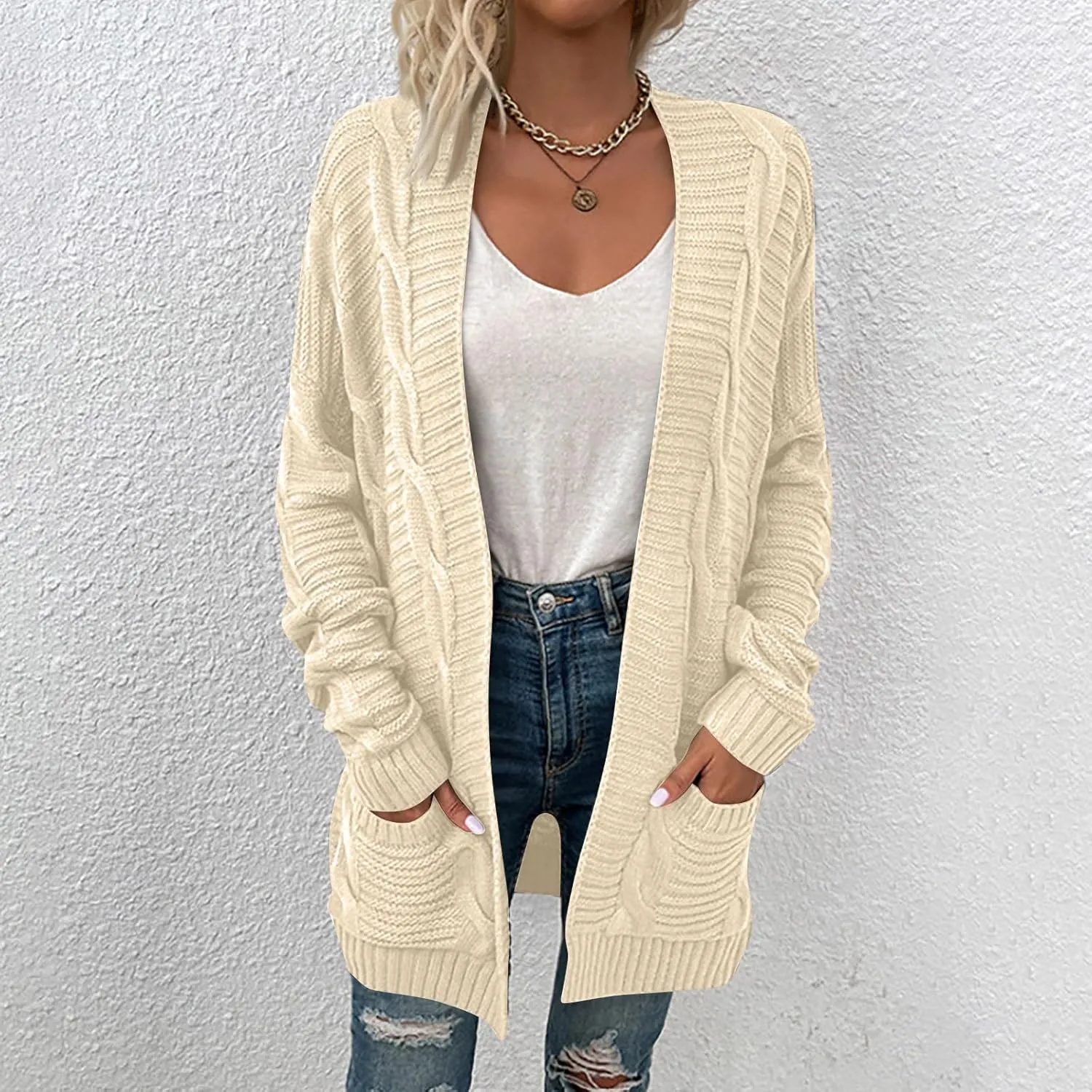 Women's Open Front Cardigan Long Sleeve Cable Knit Sweater Cable Knit Chunky Outwear Coats 2024 Fall Fashion