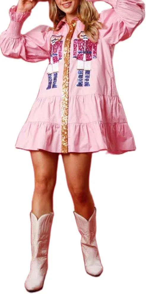 Womens Sequin Christmas Costume Nutcracker Shirt Dress Sparkle Holiday Santa Cocktail Sweatshirt Sweater Mini Dress