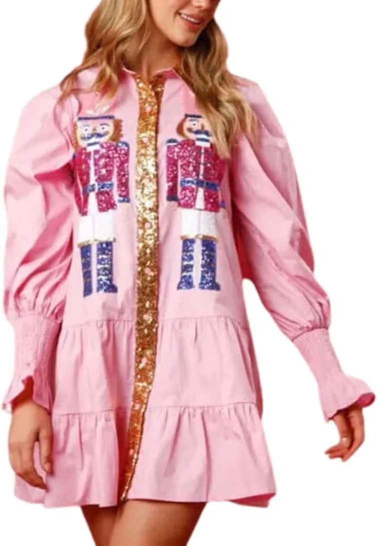 Womens Sequin Christmas Costume Nutcracker Shirt Dress Sparkle Holiday Santa Cocktail Sweatshirt Sweater Mini Dress