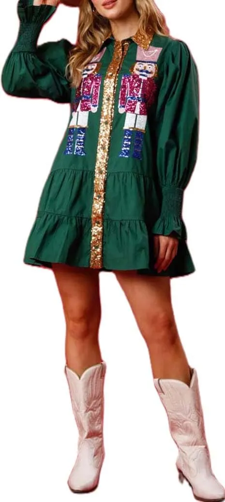 Womens Sequin Christmas Costume Nutcracker Shirt Dress Sparkle Holiday Santa Cocktail Sweatshirt Sweater Mini Dress
