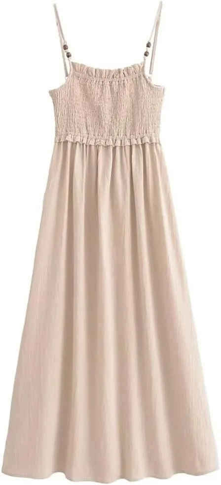 Women's Summer Midi Dress Honeycomb Grid Texture Adjustable Spaghetti Straps Casual Office Party Wear