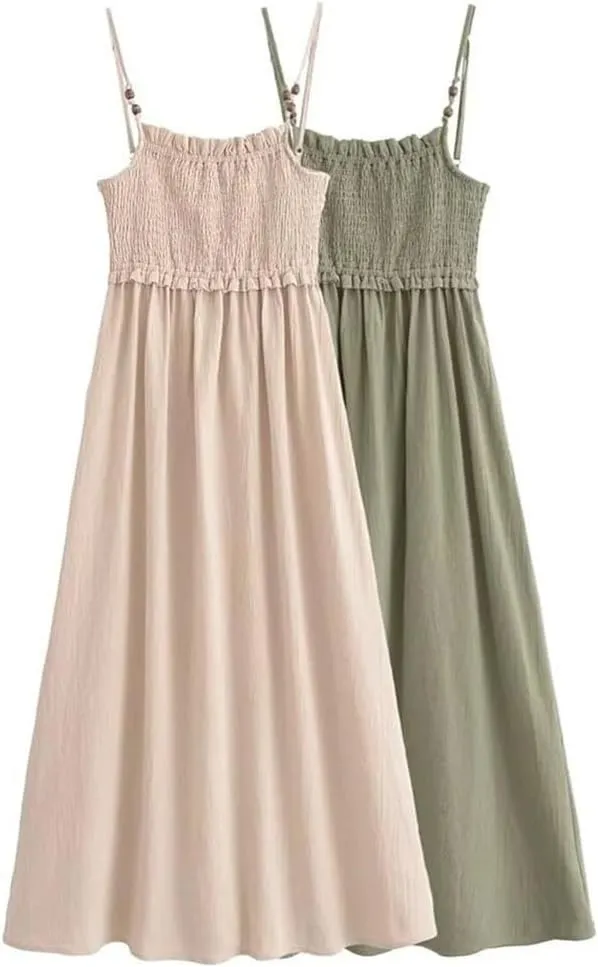 Women's Summer Midi Dress Honeycomb Grid Texture Adjustable Spaghetti Straps Casual Office Party Wear