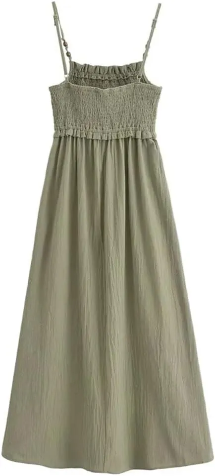 Women's Summer Midi Dress Honeycomb Grid Texture Adjustable Spaghetti Straps Casual Office Party Wear