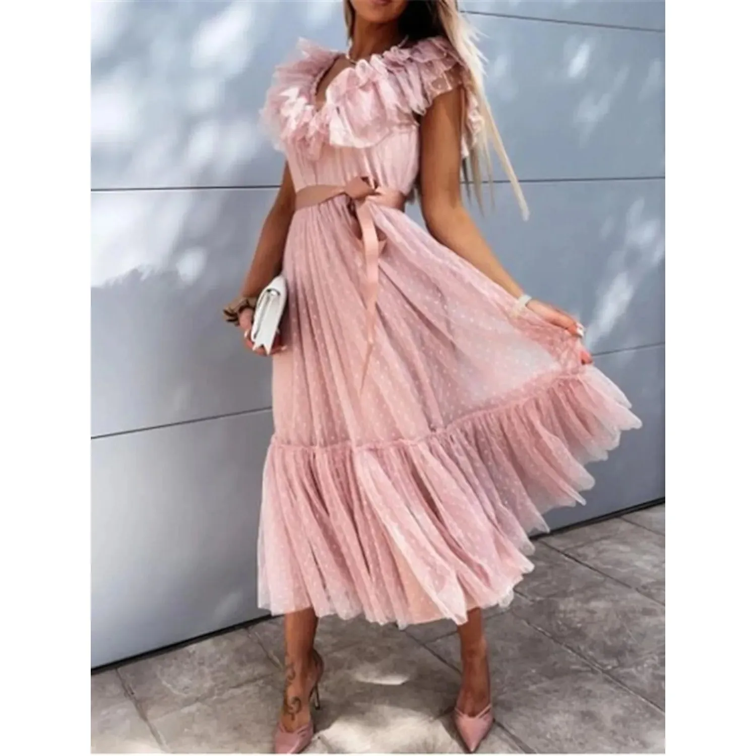 Women's V-Neck Solid Pleated Dress