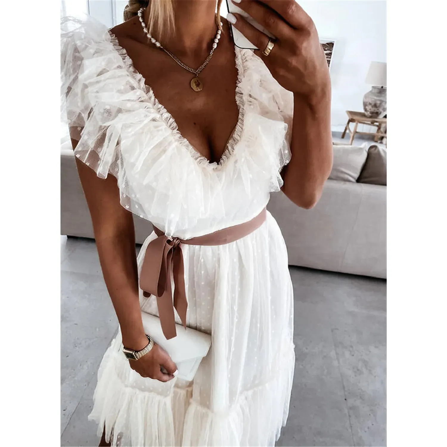 Women's V-Neck Solid Pleated Dress